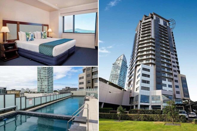 A collage of three hotel photos to stay in Auckland: a bedroom with ocean views and a deep blue bedspread, a rooftop pool surrounded by glass balustrades, and a skyscraper hotel facade with distinctive architecture