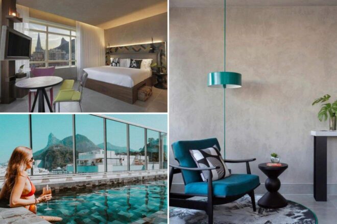 A collage of three photos of hotels to stay in Rio: A chic hotel room with cityscape views including the iconic cathedral, a woman enjoying a cocktail by an infinity pool with a backdrop of Sugarloaf Mountain, and a stylish sitting area with a teal lamp and indoor plant