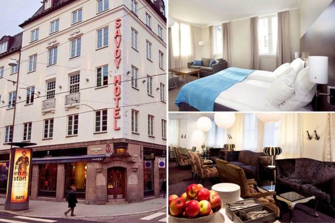 A collage of three hotel photos to stay in Oslo: the exterior of the Savoy Hotel with its neon sign, a serene bedroom with blue bedding and simple decor, and a luxurious hotel lounge with opulent furnishings and large globe lighting.