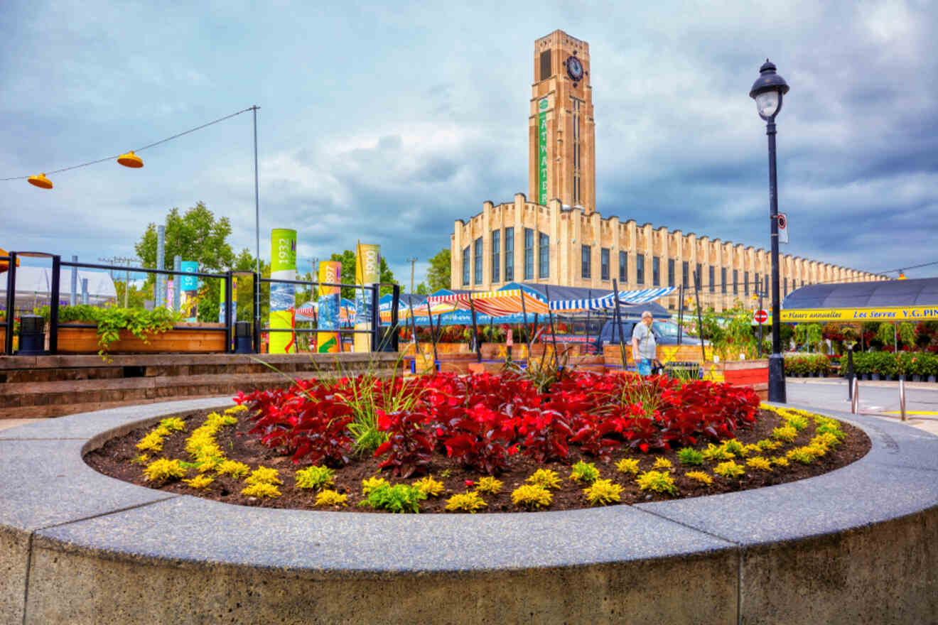 A circular flowerbed with vibrant red and yellow plants in the foreground, a bustling market with striped canopies, and a towering art-deco building under a moody sky in Montreal