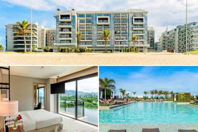 A collage of three photos of hotels to stay in Rio: A modern beachfront hotel facade with palm trees, a bedroom opening onto a balcony with lagoon views, and an expansive pool area with palm trees and loungers under a clear blue sky