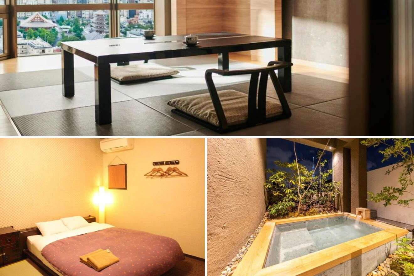 A collage of three hotel photos to stay in Asakusa, Tokyo: A traditional Japanese tatami room with a view, a comfortable bedroom with warm lighting, and an outdoor onsen (hot spring) for relaxation.