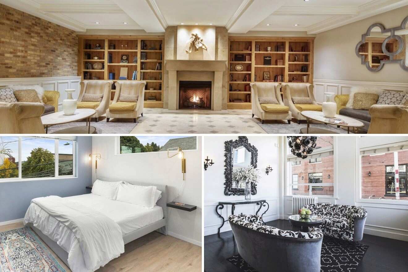 A collage of three hotel photos to stay in Seattle: a luxurious lounge area with a fireplace and bookshelves, a simple yet elegant bedroom, and a stylish living room with two sofas with black and white patterns