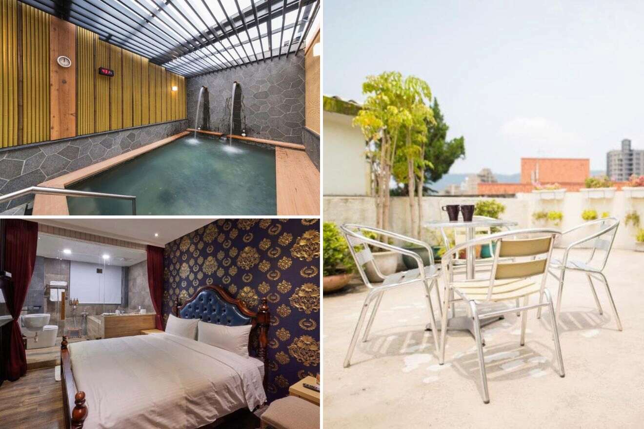 A collage of three hotel photos to stay in Taipei: an exclusive hotel spa area with wooden accents and modern showers, a rooftop terrace with outdoor seating and city views, and a luxurious bedroom with sophisticated drapery and a spacious ensuite bathroom.