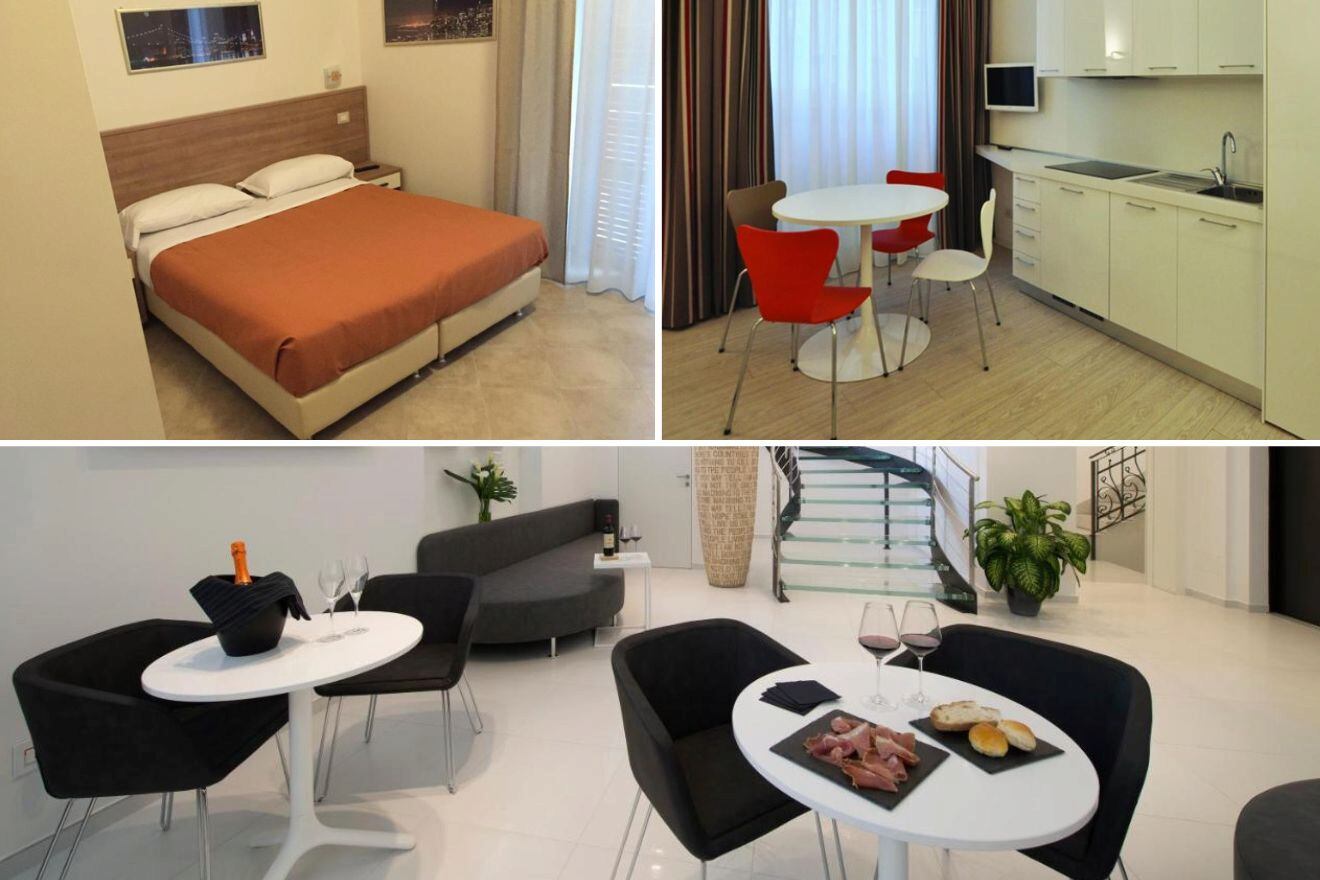 A collage of three hotel photos to stay in Citta Studi, Milan: a bedroom with an orange duvet and modern art, a white kitchenette with red dining chairs, and a lounge area with a black sofa and wine set on a white table