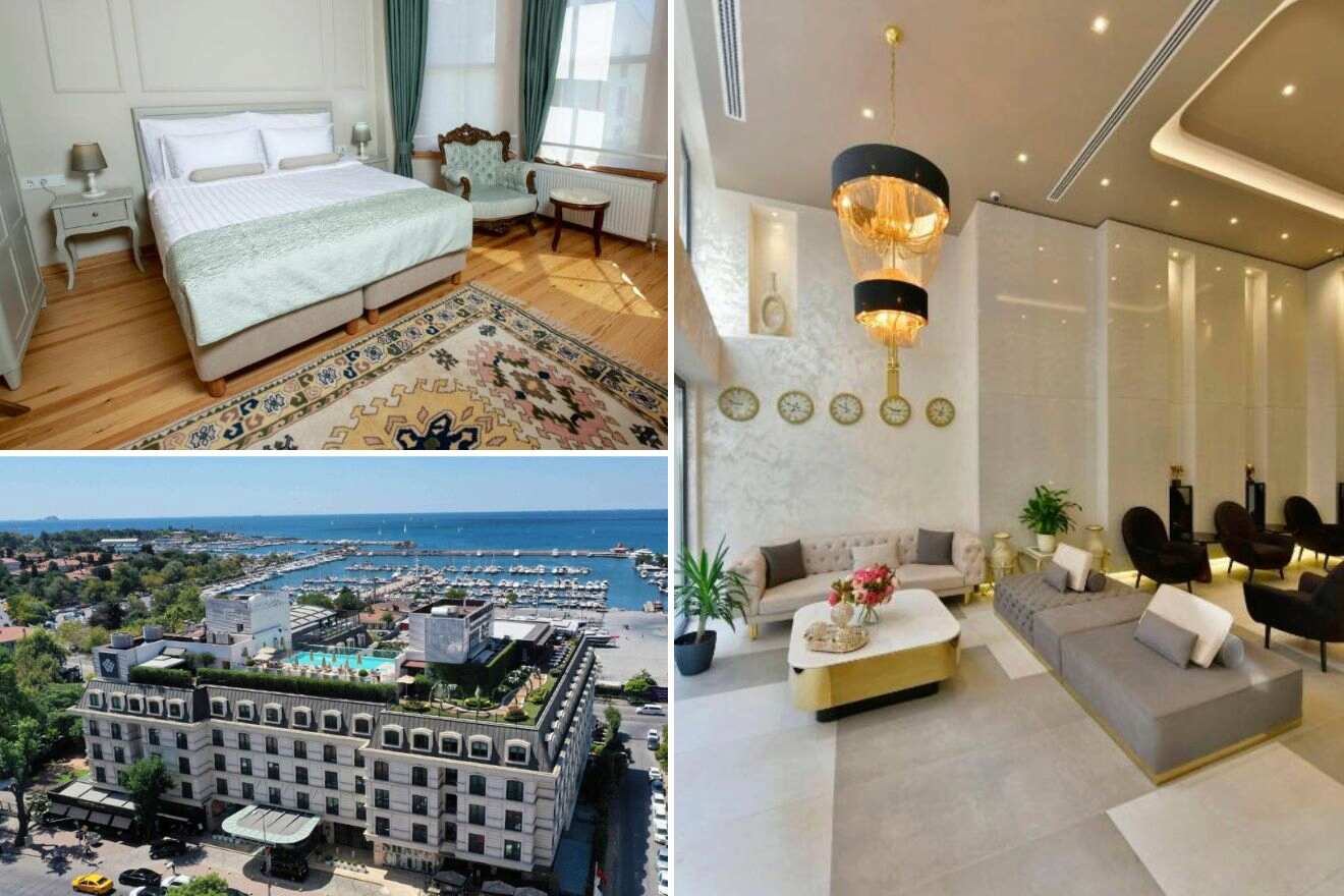 A collage of three hotel photos to stay in Kadikoy, Istanbul: A quaint bedroom with antique furniture and a large window, a modern living room with plush sofas and chic decor, and an aerial view of a grand hotel near the marina.