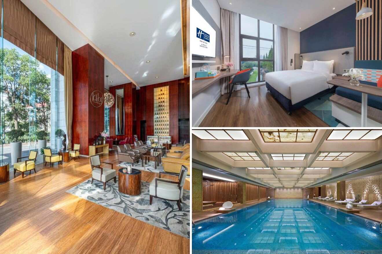A collage of three hotel photos to stay in Pudong Shanghai: a luxurious lobby with bold red accents and high ceilings, a serene bedroom with a comfortable setting, and an indoor pool with a tranquil ambiance and elegant design