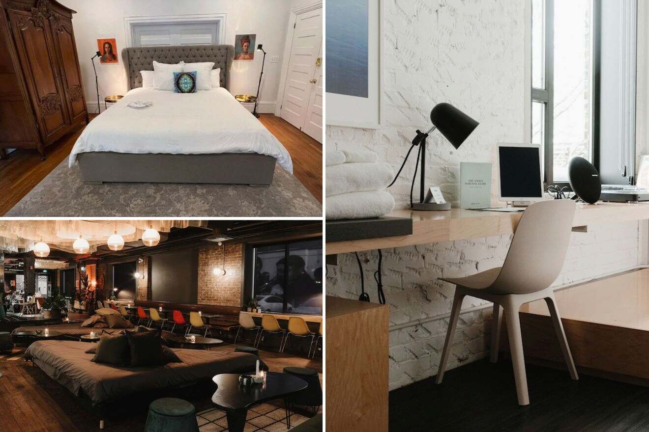 A collage of three hotel photos to stay in The Annex & Little Italy, Toronto: a bedroom with a traditional wardrobe and gray tufted bed, a spacious lounge area with mood lighting, and a modern, minimalist workspace with exposed brick.