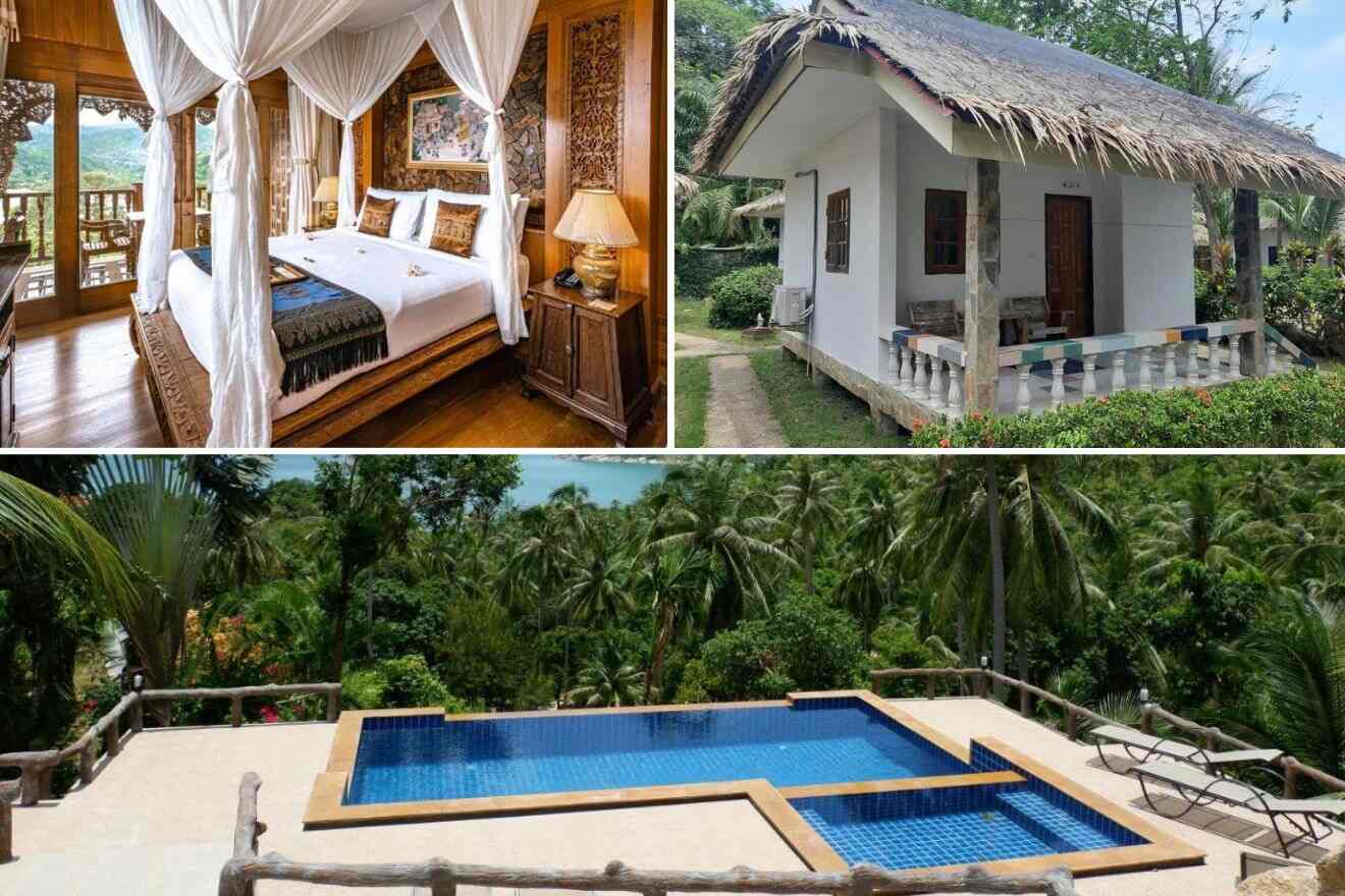A collage of three hotel photos to stay in Thong Nai Pan, Koh Phangan: an exquisite bedroom with traditional woodwork and canopy bed, a white cottage with a straw roof amidst greenery, and a luxury pool terrace with a view of the tropical forest.