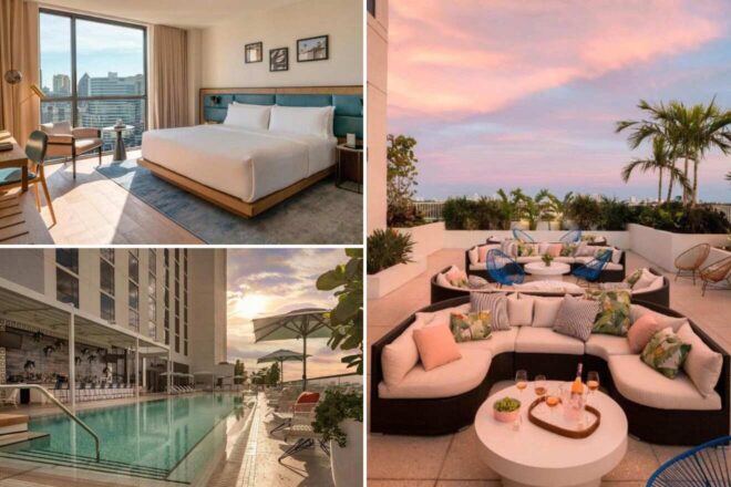 A collage of three hotel photos to stay in Fort Lauderdale: a contemporary room with teal accents and panoramic city views, a rooftop lounge with soft lighting and plush seating, and an infinity pool that blends seamlessly with the sky at dusk