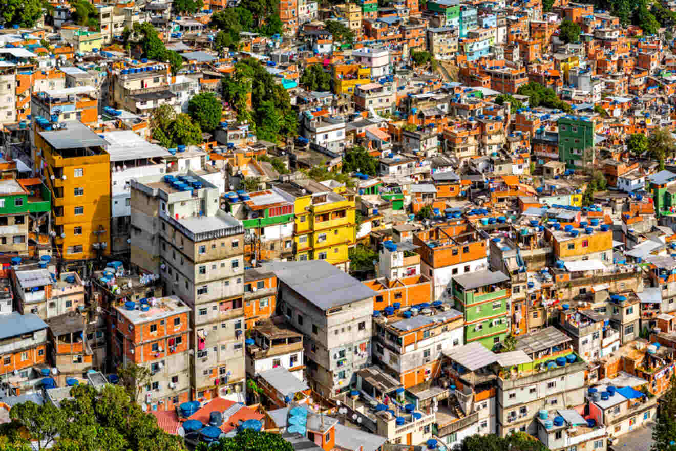 A densely populated favela in Rio de Janeiro, showcasing a colorful array of tightly packed houses
