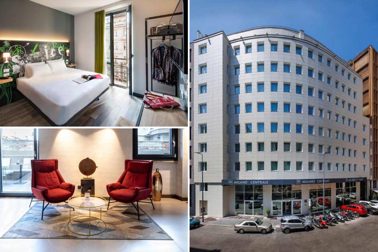 A collage of three hotel photos to stay in Central Station, Milan: a trendy bedroom with a music-themed wall mural and balcony, a pair of red armchairs against a heart-shaped artwork, and the curved architecture of the Milan Central station hotel facade.