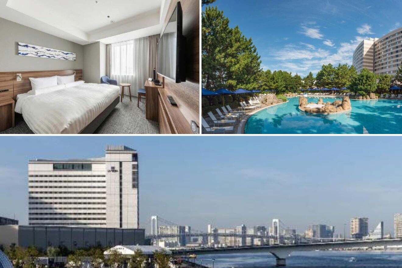 A collage of three hotel photos to stay in Odaiba & Tokyo Bay, Tokyo: A room with sleek, contemporary decor, a luxurious pool with landscaped surroundings, and a modern hotel facade with waterfront views.