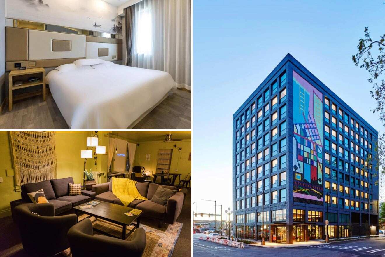 A collage of four hotel photos to stay in Seattle: a hotel room with a sleek modern design, a cozy living area with yellow accents, and the hotel's colorful exterior at dusk