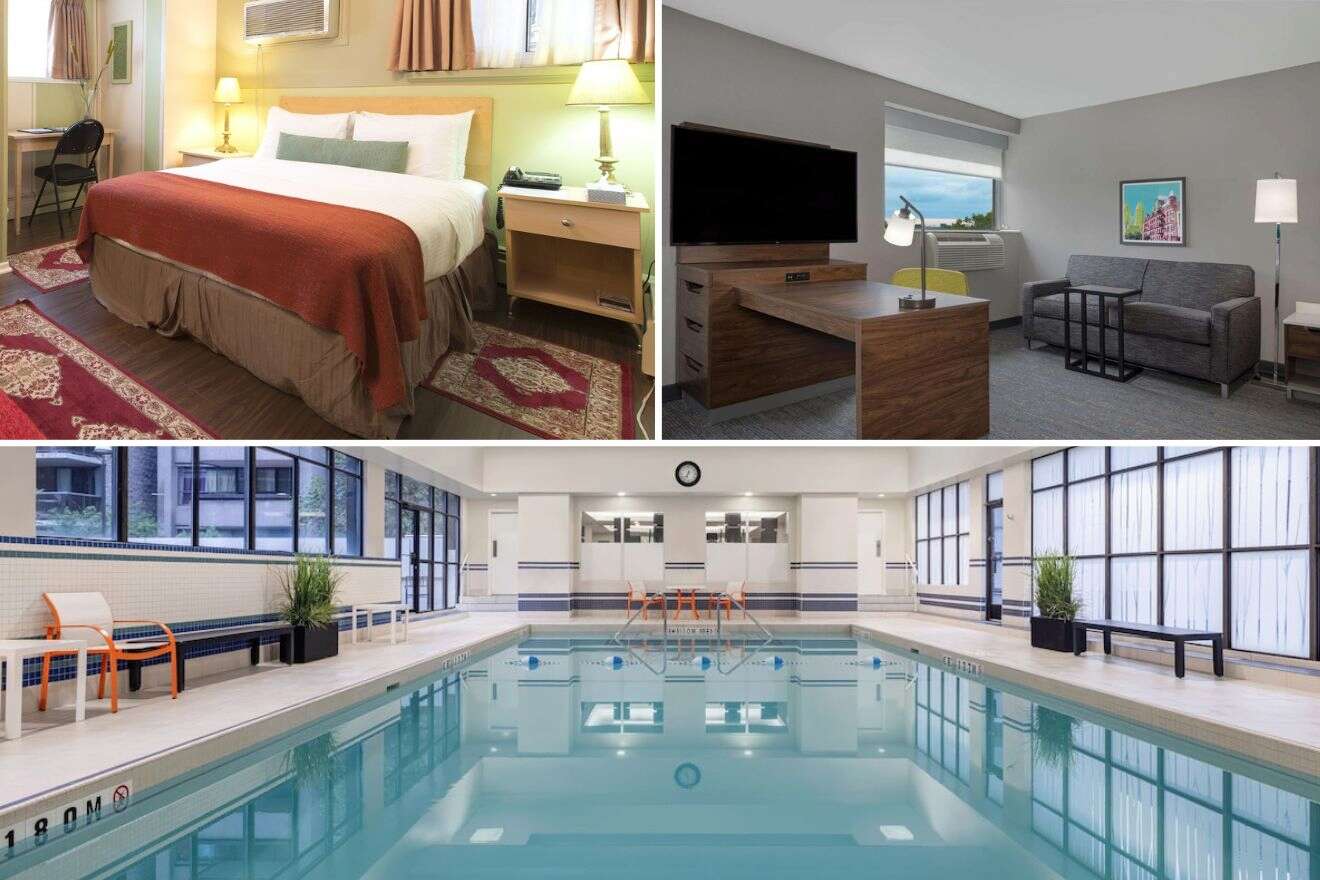 A collage of three hotel photos to stay in The Village, Toronto: a cozy bedroom with a warm red blanket and wood flooring, a modern hotel room with a large TV and comfy seating, and a clean, well-lit indoor pool with ample space for relaxation.