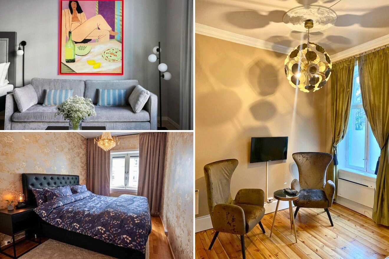 A collage of three hotel photos to stay in Oslo: a chic living room with a large portrait painting and grey sofa, a bedroom with a patterned headboard and elegant light fixture, and a comfortable seating area with vintage chairs and modern TV.