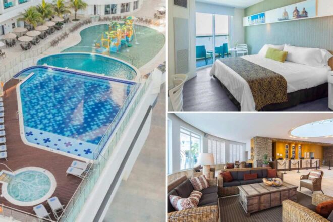 A collage of three hotel photos to stay in Cartagena: an aerial view of a uniquely shaped pool with a water playground, a simple yet inviting bedroom with balcony views, and a spacious lounge with wicker furniture and warm lighting