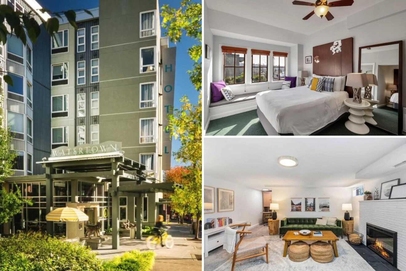 A collage of three hotel photos to stay in Seattle: the Watertown Hotel's welcoming entrance, a bedroom with a blend of classic and modern elements, and a living room with a fireplace and comfortable seating.