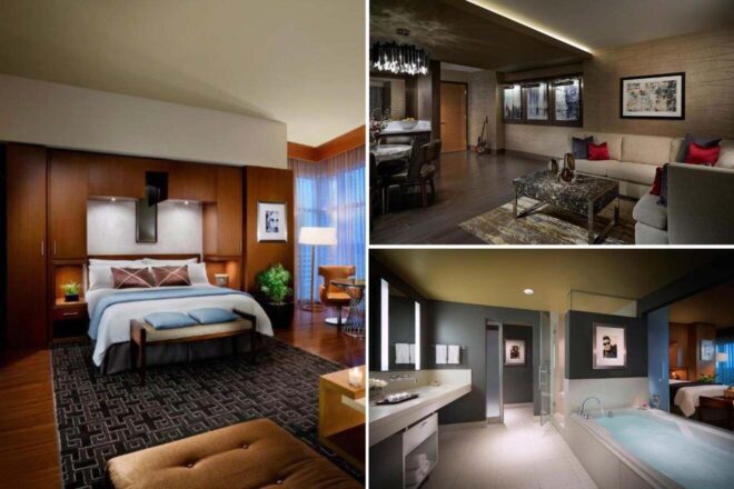 A collage of three images focused on exclusive adult-only hotel experiences in Tampa: A deluxe bedroom with rich wood accents and contemporary art, a spacious living area with elegant furnishings, and a luxurious bathroom with a large tub and modern vanity.