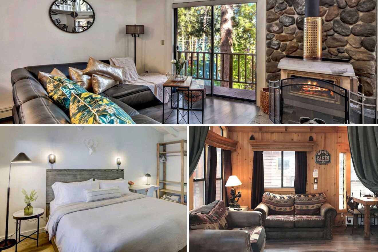 A collage of three hotel photos to stay in Lake Tahoe: a chic living room with a leather sofa and large windows looking out to pine trees, a minimalist bedroom with crisp white bedding and a rustic headboard, and a welcoming cabin-style interior with cozy furnishings.