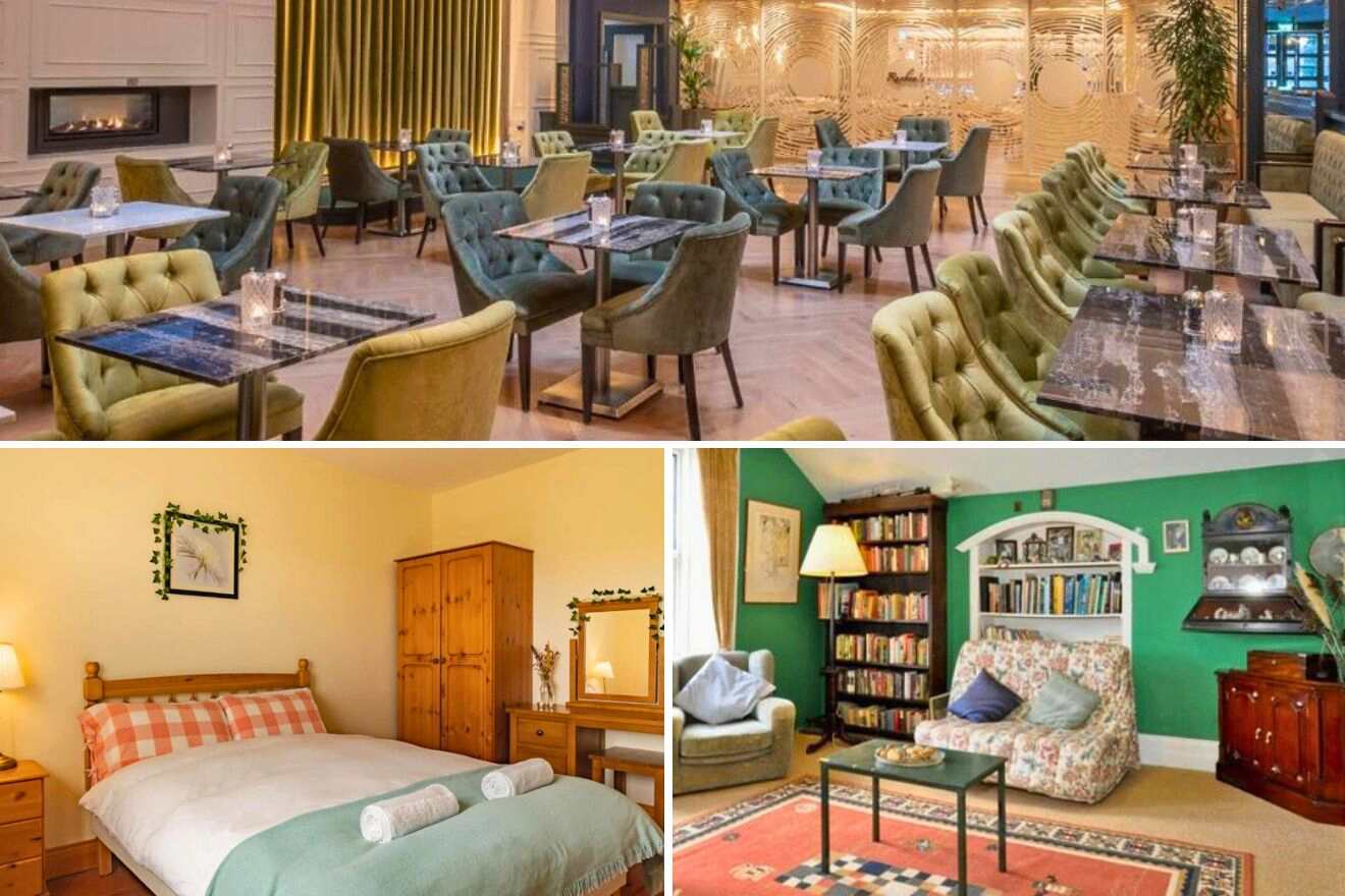 A collage of three hotel photos to stay in Galway: a refined dining area with plush velvet chairs and ambient lighting, a cozy bedroom with simple furnishings and warm lighting, and a comfortable living space with bookshelves and a vintage feel