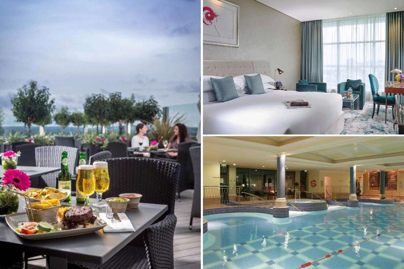 A collage of three hotel photos to stay in Galway: a rooftop dining area with a view of the sea, a luxurious bedroom with plush furnishings and a large window, and a spacious indoor pool with classical columns and a tranquil atmosphere.