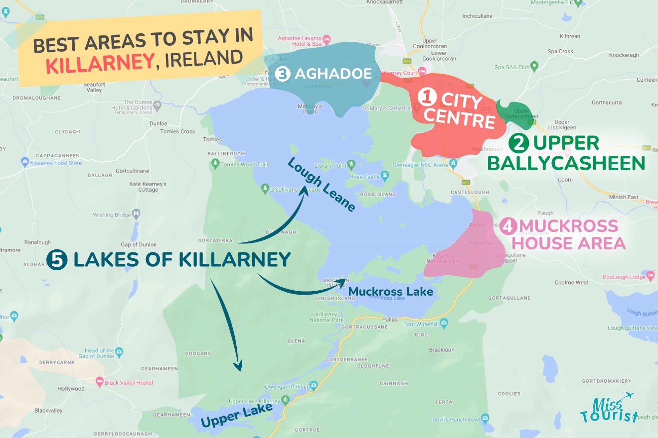 Colorful map highlighting the best areas to stay in Killarney, Ireland, with labels and landmarks for tourists