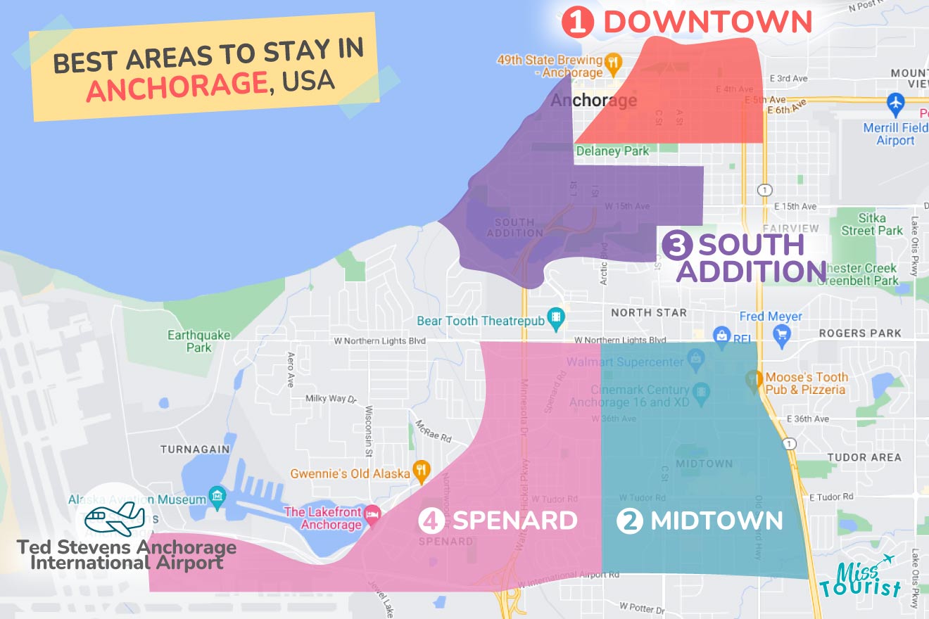 A colorful map highlighting the best areas to stay in Anchorage, with numbered locations and labels for easy navigation