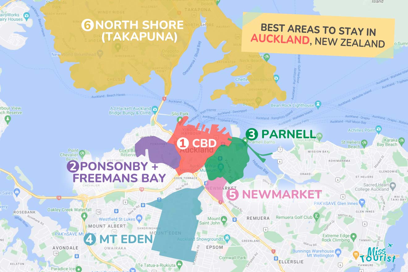 A colorful map highlighting the best areas to stay in Auckland, with numbered locations and labels for easy navigation