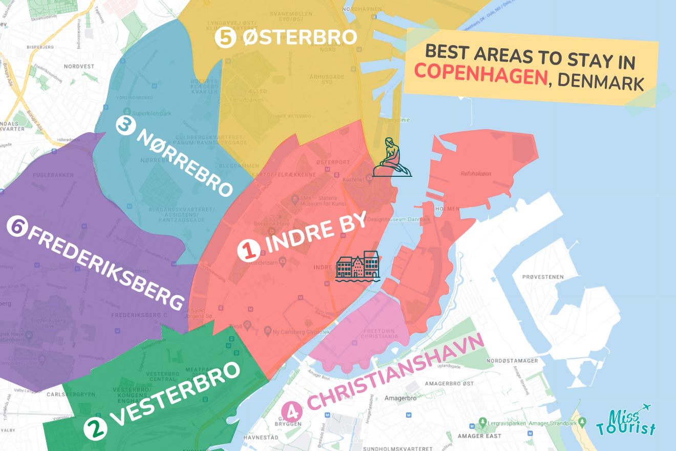 A colorful map highlighting the best areas to stay in Copenhagen, with numbered locations and labels for easy navigation