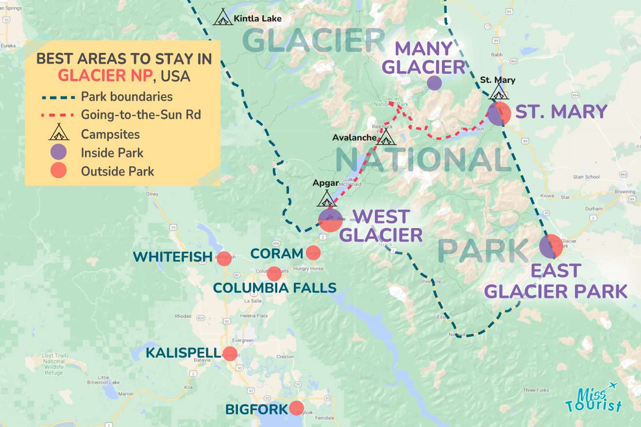 A colorful map highlighting the best areas to stay in Glacier National Park, with numbered locations and labels for easy navigation