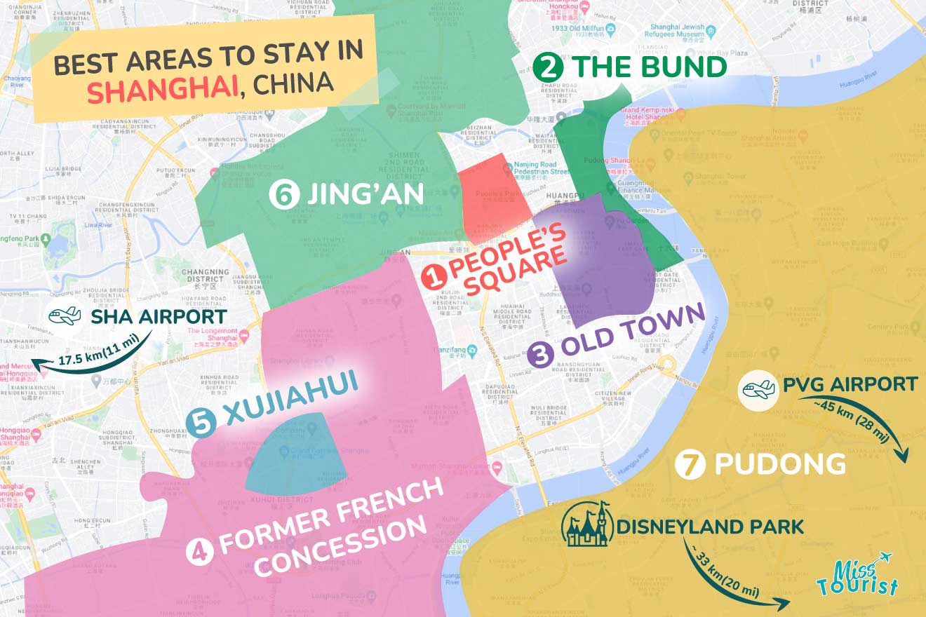 A colorful map highlighting the best areas to stay in Shanghai, with numbered locations and labels for easy navigation
