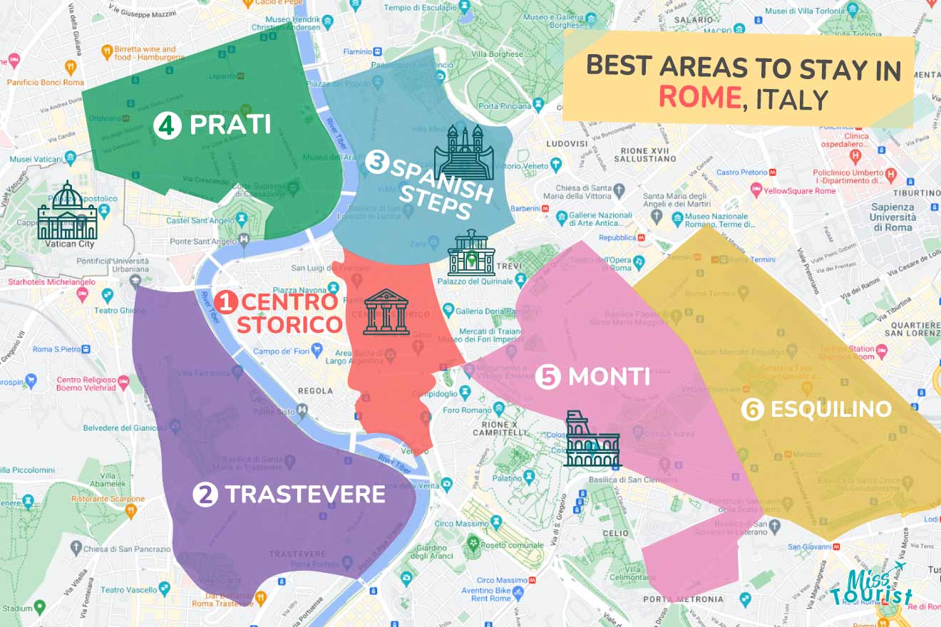 A colorful map highlighting the best areas to stay in Rome with numbered locations and labels for easy navigations