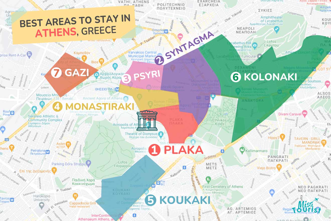 A colorful map highlighting the best areas to stay in Athens, with numbered locations and labels for easy navigation