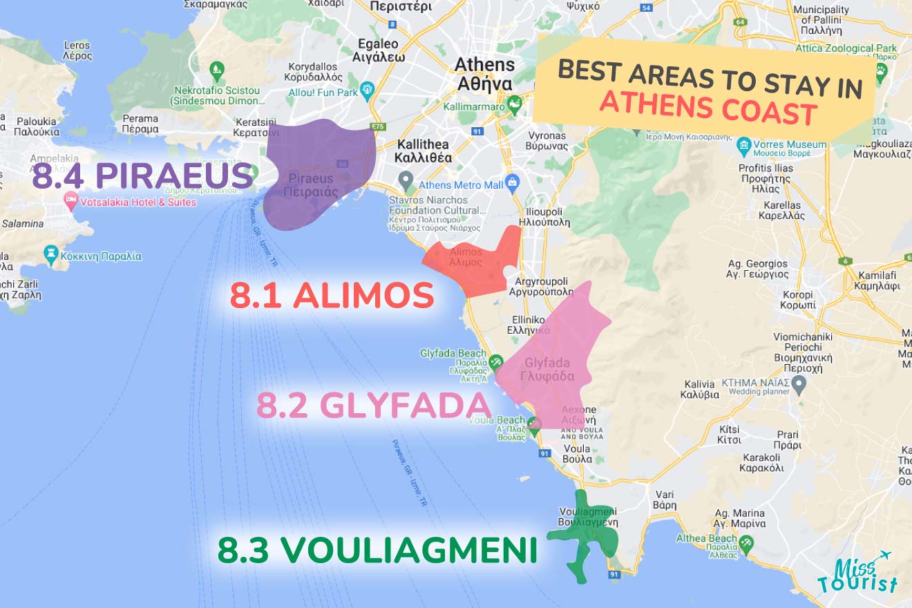 A colorful map highlighting the best areas to stay in Athens Coast, with numbered locations and labels for easy navigation