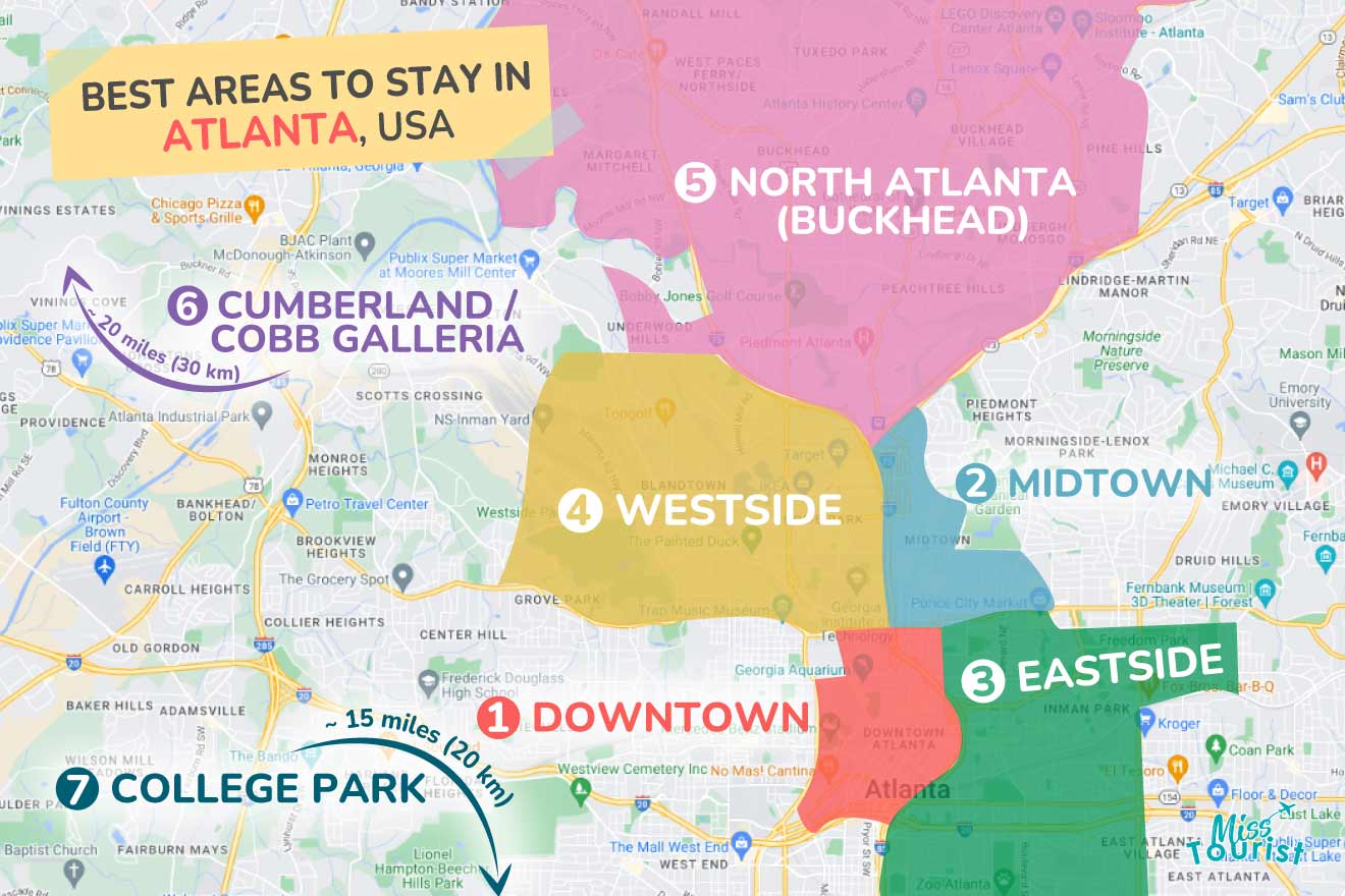 A colorful map highlighting the best areas to stay in Atlanta, with numbered locations and labels for easy navigation