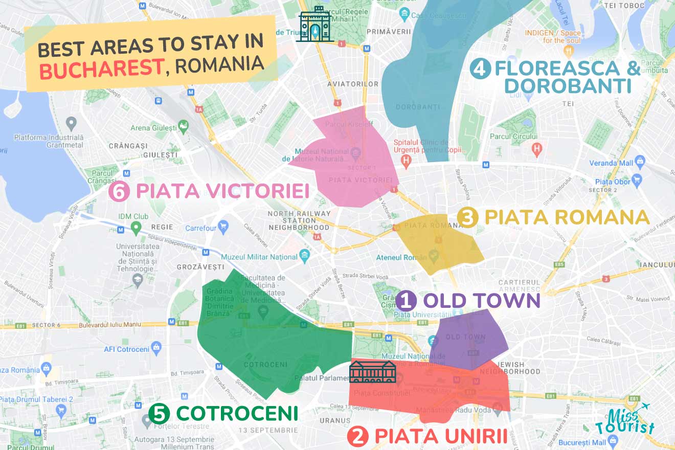A colorful map highlighting the best areas to stay in Bucharest, with numbered locations and labels for easy navigation