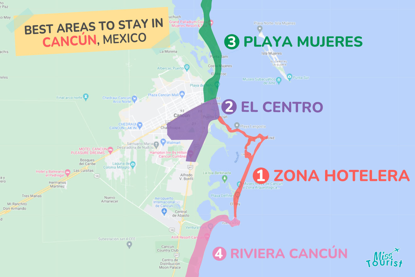 Map showing the best areas to stay in Cancun, Mexico, with color-coded regions such as Zona Hotelera, El Centro, Playa Mujeres, and Riviera Cancun, under the title 'BEST AREAS TO STAY IN CANCUN, MEXICO.'