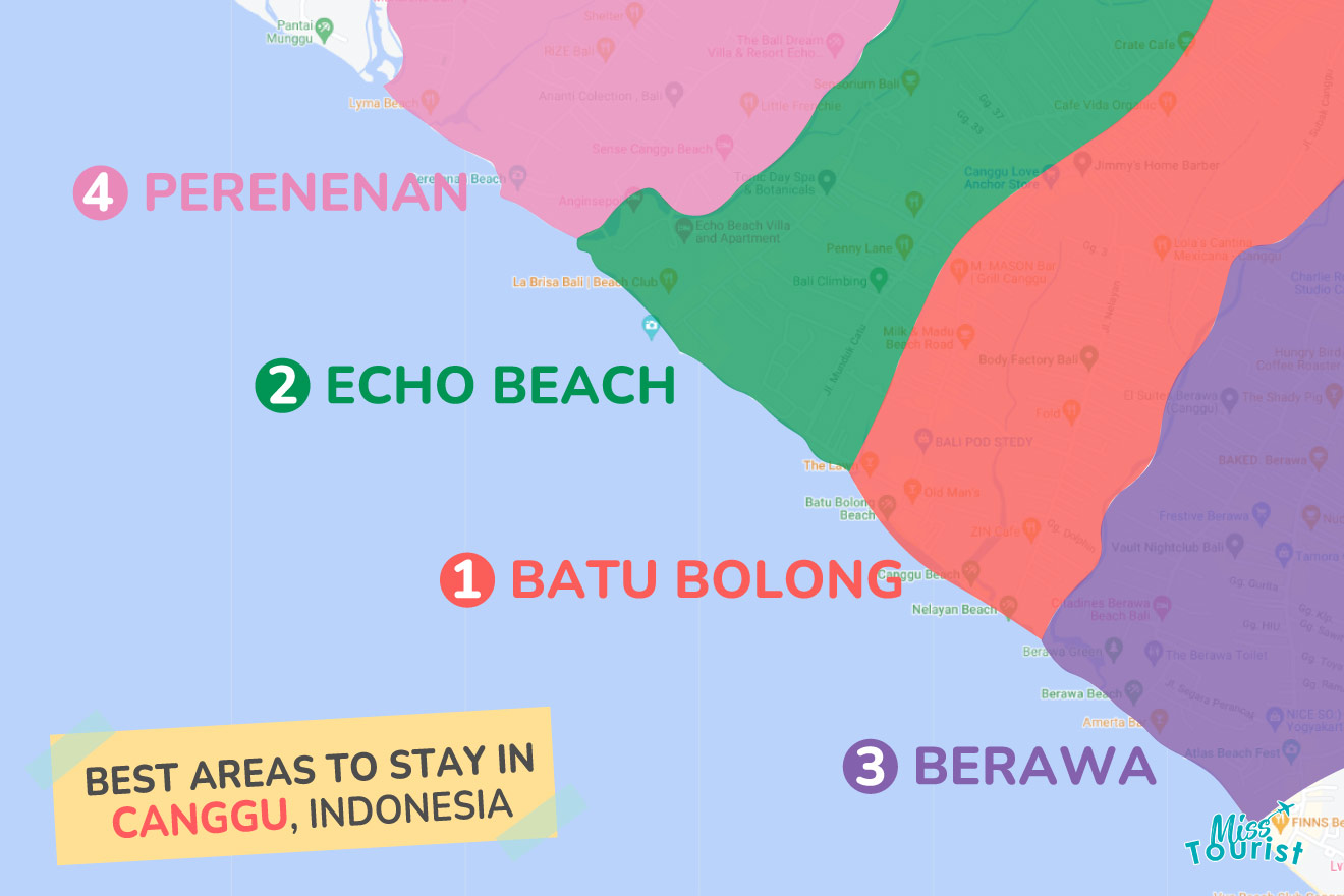 A colorful map highlighting the best areas to stay in Canggu, with numbered locations and labels for easy navigation