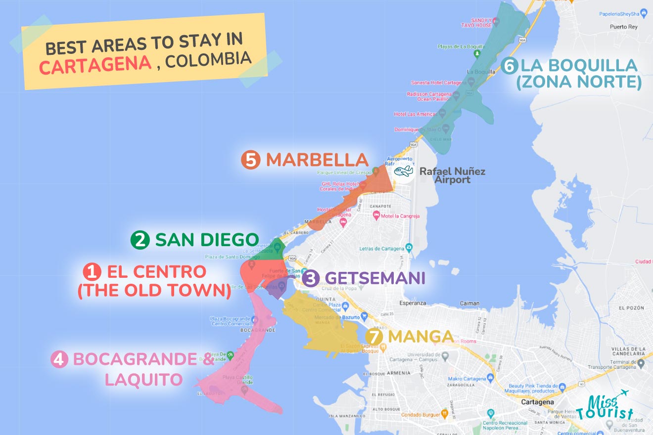 A colorful map highlighting the best areas to stay in Cartagena, with numbered locations and labels for easy navigation