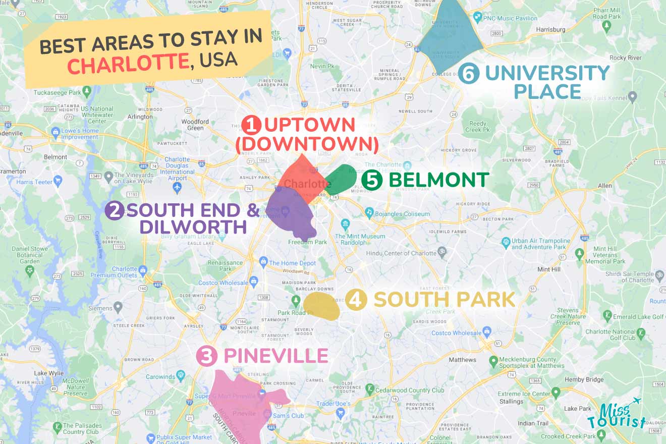 A colorful map highlighting the best areas to stay in Charlotte, with numbered locations and labels for easy navigation