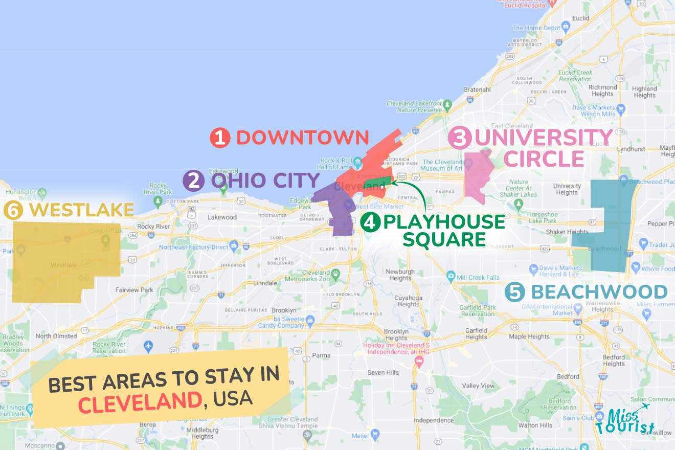 A colorful map highlighting the best areas to stay in Cleveland, with numbered locations and labels for easy navigation
