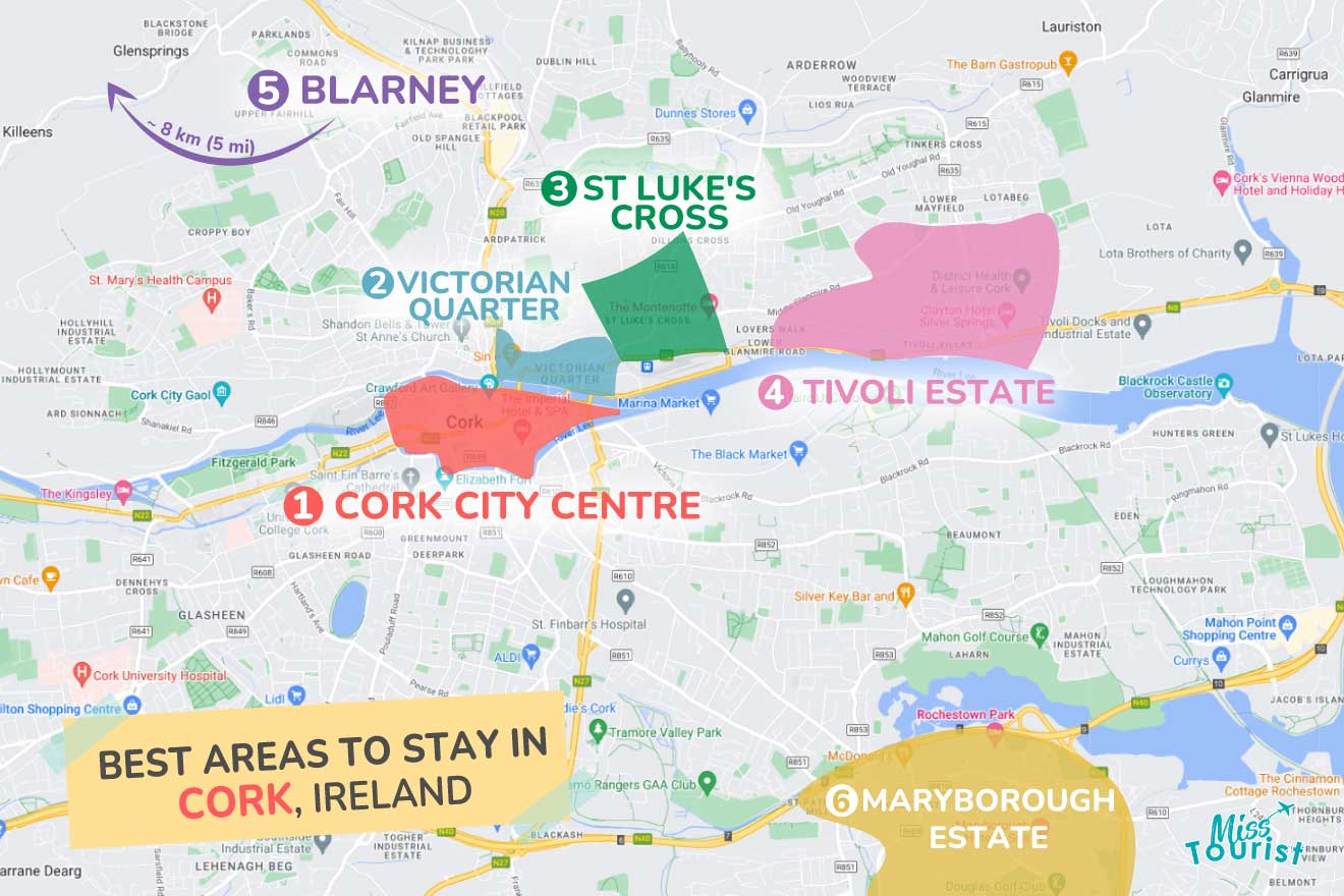 A colorful map highlighting the best areas to stay in Cork Ireland, with numbered locations and labels for easy navigation