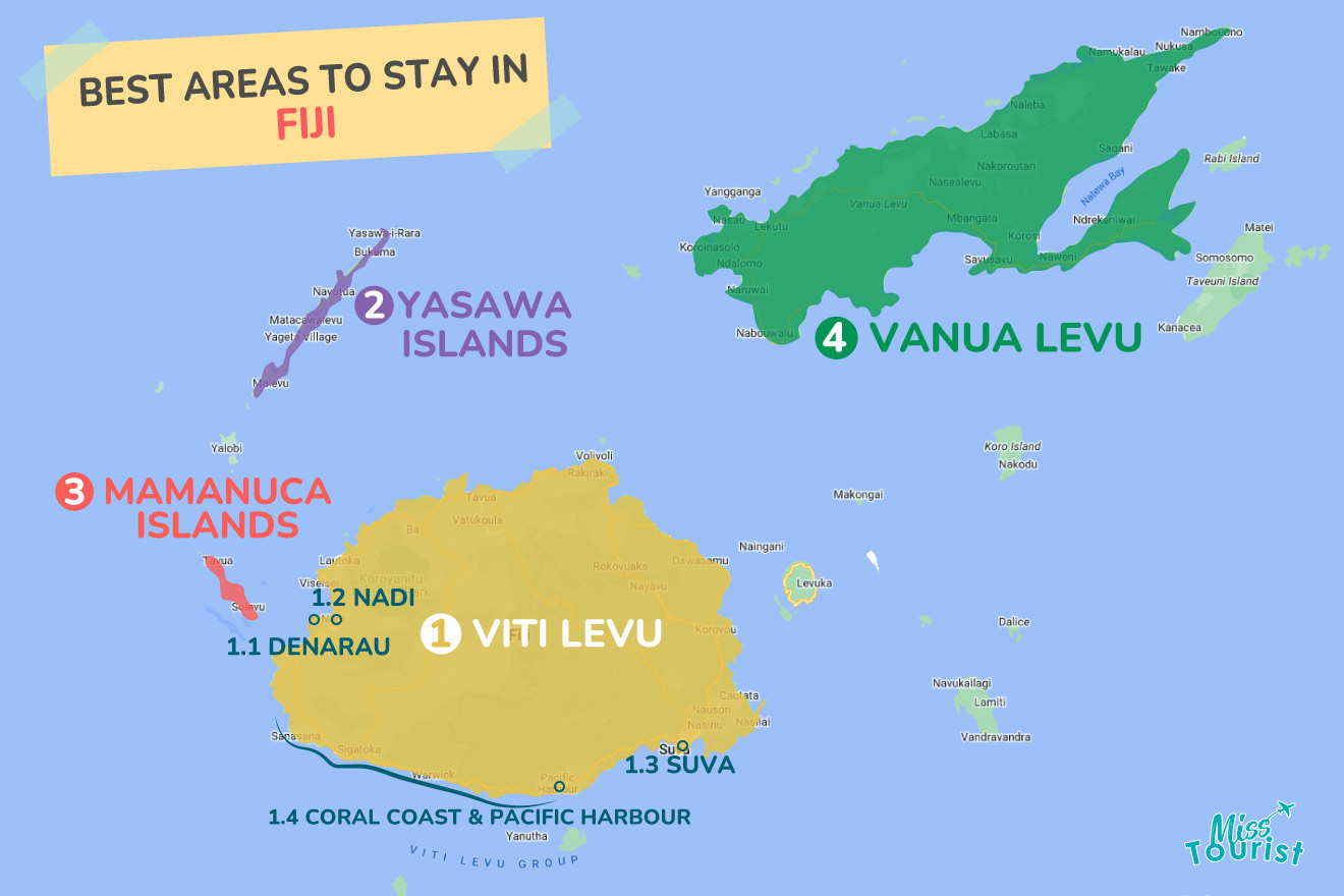 A colorful map highlighting the best areas to stay in Fiji, with numbered locations and labels for easy navigation