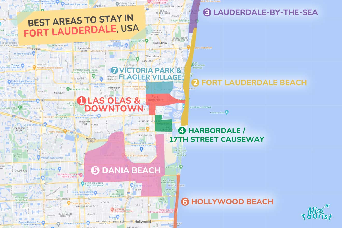 A colorful map highlighting the best areas to stay in Fort Lauderdale, with numbered locations and labels for easy navigation