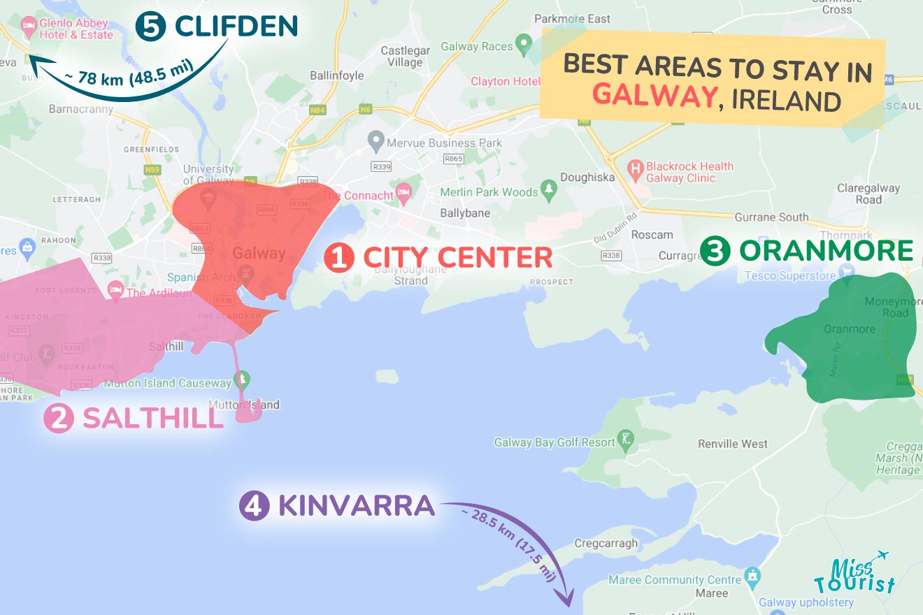 A colorful map highlighting the best areas to stay in Galway, with numbered locations and labels for easy navigation