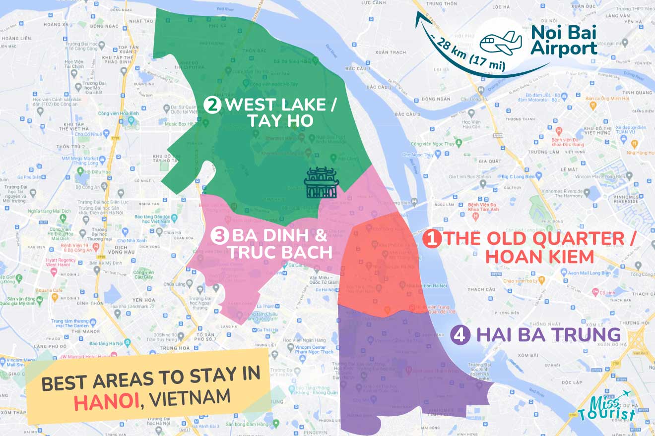 A colorful map highlighting the best areas to stay in Hanoi, with numbered locations and labels for easy navigation