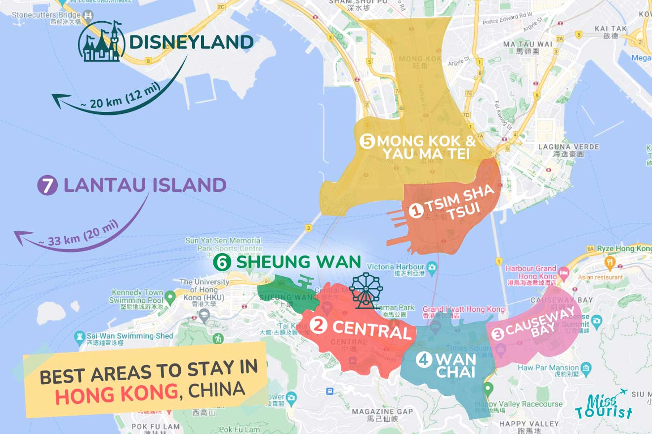 A colorful map highlighting the best areas to stay in Hong Kong, with numbered locations and labels for easy navigation