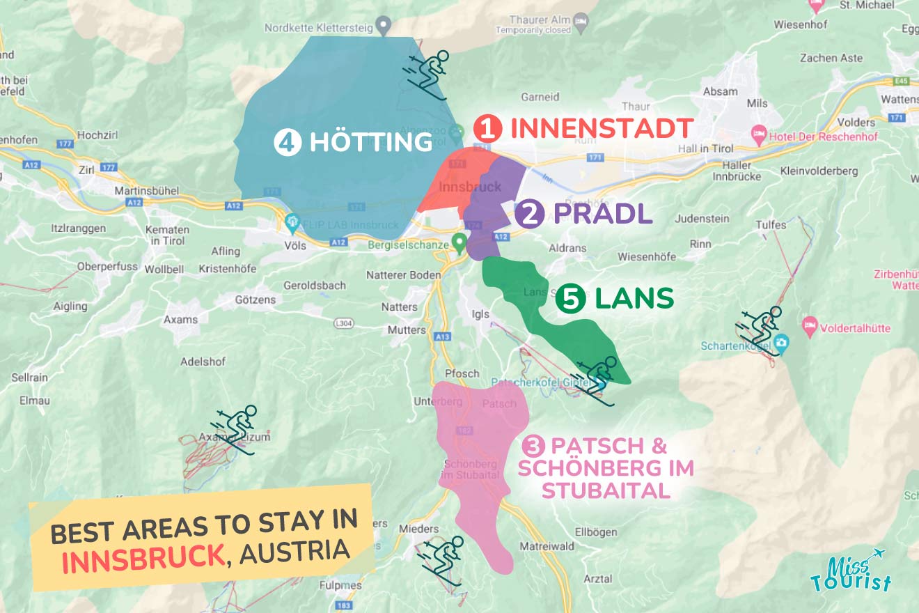 A colorful map highlighting the best areas to stay in Innsbruck, with numbered locations and labels for easy navigation