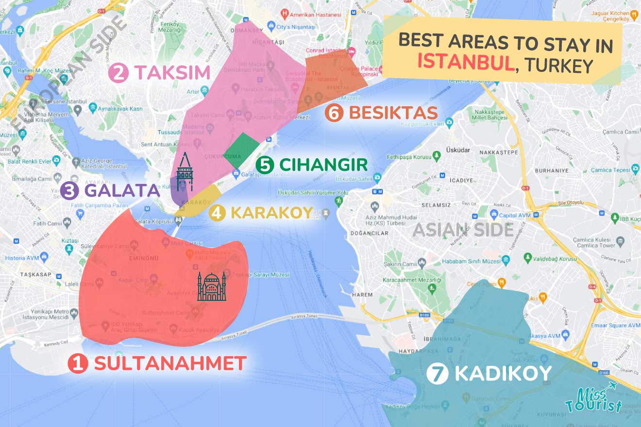 A colorful map highlighting the best areas to stay in Istanbul, with numbered locations and labels for easy navigation